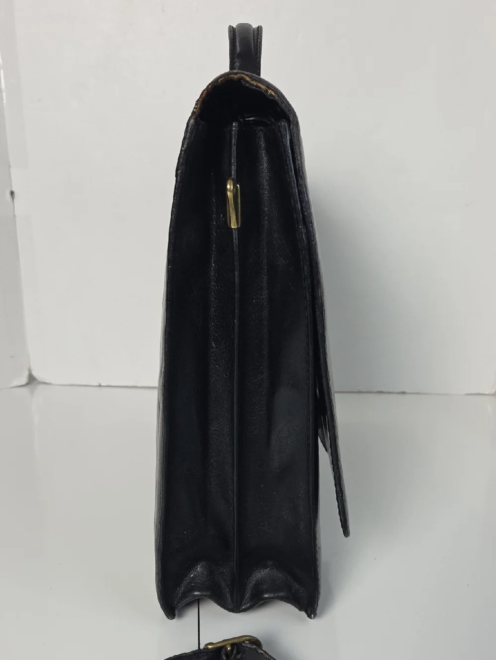 Tumi Full Grain Leather Briefcase Bag in Black With Gold Accent Turnlock